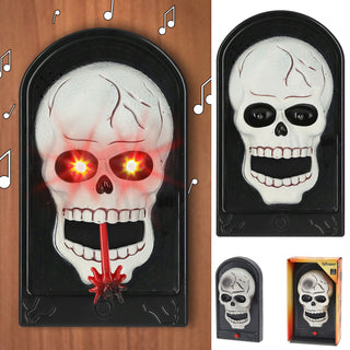 Halloween Türklingel Totenkopf animiert 11x20x5cm Kunststoff Sound leuchtende Augen Spinnenzunge Klingel zum Aufhängen