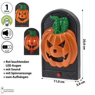 Halloween Türklingel Kürbis animiert 11x20x5cm Kunststoff Sound leuchtende Augen Spinnenzunge Klingel zum Aufhängen