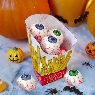 Halloween Augäpfel in Pommesbox 2er Set 8x14x7cm Styropor Papier Partydekoration Augen Gruselparty
