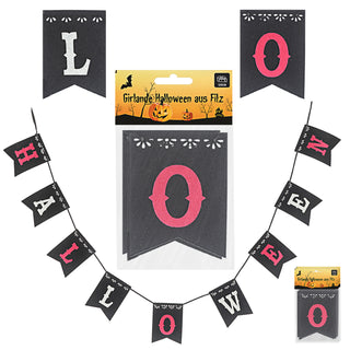 Girlande 'Halloween' 4er Set 120cm 100% Poyesterfilz schwarz weiß rot Wimpel Partydekoration Fahnengirlande