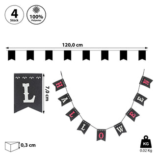 Girlande 'Halloween' 4er Set 120cm 100% Poyesterfilz schwarz weiß rot Wimpel Partydekoration Fahnengirlande