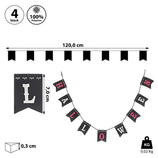 Girlande 'Halloween' 4er Set 120cm 100% Poyesterfilz schwarz weiß rot Wimpel Partydekoration Fahnengirlande