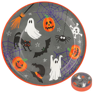 Pappteller Halloween 48er Set Ø 23cm Papier 250gsm orange grau schwarz weiß Kürbis Gespenst Katze Fledermaus Spinne