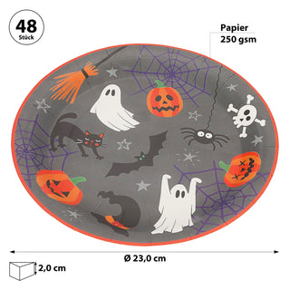 Pappteller Halloween 48er Set Ø 23cm Papier 250gsm orange grau schwarz weiß Kürbis Gespenst Katze Fledermaus Spinne