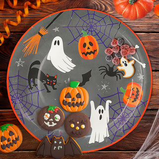 Pappteller Halloween 48er Set Ø 23cm Papier 250gsm orange grau schwarz weiß Kürbis Gespenst Katze Fledermaus Spinne