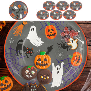 Pappteller Halloween 48er Set Ø 23cm Papier 250gsm orange grau schwarz weiß Kürbis Gespenst Katze Fledermaus Spinne