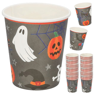 Pappbecher Halloween 48er Set Ø 7cm Papier 250gsm orange grau schwarz weiß Kürbis Gespenst Katze Fledermaus Spinne