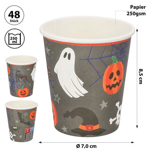 Pappbecher Halloween 48er Set Ø 7cm Papier 250gsm orange grau schwarz weiß Kürbis Gespenst Katze Fledermaus Spinne
