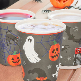 Pappbecher Halloween 48er Set Ø 7cm Papier 250gsm orange grau schwarz weiß Kürbis Gespenst Katze Fledermaus Spinne