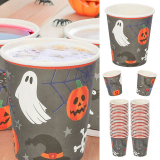 Pappbecher Halloween 48er Set Ø 7cm Papier 250gsm orange grau schwarz weiß Kürbis Gespenst Katze Fledermaus Spinne