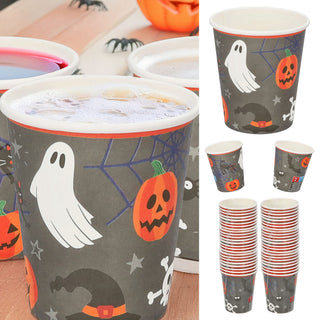 Pappbecher Halloween 48er Set Ø 7cm Papier 250gsm orange grau schwarz weiß Kürbis Gespenst Katze Fledermaus Spinne