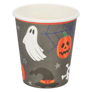 Pappbecher Halloween 48er Set Ø 7cm Papier 250gsm orange grau schwarz weiß Kürbis Gespenst Katze Fledermaus Spinne