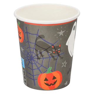 Pappbecher Halloween 48er Set Ø 7cm Papier 250gsm orange grau schwarz weiß Kürbis Gespenst Katze Fledermaus Spinne