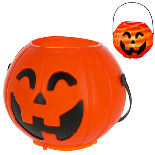 LED Halloween Kürbis 2er Set schwarz orange Kunststoff 16x14cm rotierende LEDs Sound batteriebetrieben mit Henkel Partylampe