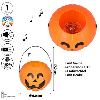LED Halloween Kürbis 2er Set schwarz orange Kunststoff 16x14cm rotierende LEDs Sound batteriebetrieben mit Henkel Partylampe