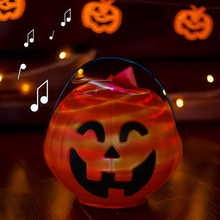 LED Halloween Kürbis 2er Set schwarz orange Kunststoff 16x14cm rotierende LEDs Sound batteriebetrieben mit Henkel Partylampe