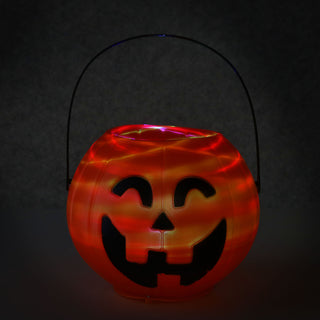 LED Halloween Kürbis 2er Set schwarz orange Kunststoff 16x14cm rotierende LEDs Sound batteriebetrieben mit Henkel Partylampe