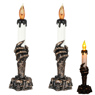 LED Kerzenhalter Hand mit Totenköpfen 6x21cm schwarz gold weiß Plastik gelb flackernd Halloween Totenkopflicht Skeletthand