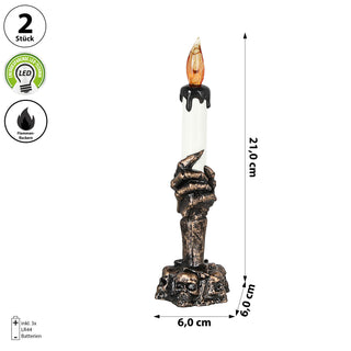 LED Kerzenhalter Hand mit Totenköpfen 6x21cm schwarz gold weiß Plastik gelb flackernd Halloween Totenkopflicht Skeletthand