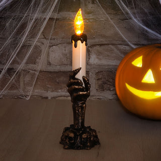 LED Kerzenhalter Hand mit Totenköpfen 6x21cm schwarz gold weiß Plastik gelb flackernd Halloween Totenkopflicht Skeletthand