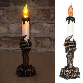 LED Kerzenhalter Hand mit Totenköpfen 6x21cm schwarz gold weiß Plastik gelb flackernd Halloween Totenkopflicht Skeletthand