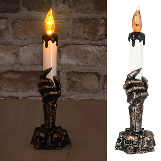 LED Kerzenhalter Hand mit Totenköpfen 6x21cm schwarz gold weiß Plastik gelb flackernd Halloween Totenkopflicht Skeletthand