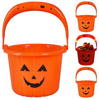 LED Halloween Sammeleimer 4er Set schwarz orange 13x10cm Kunststoff batteriebetrieben Eimer Henkeleimer Kürbis Süßigkeiteneimer