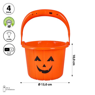 LED Halloween Sammeleimer 4er Set schwarz orange 13x10cm Kunststoff batteriebetrieben Eimer Henkeleimer Kürbis Süßigkeiteneimer