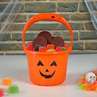 LED Halloween Sammeleimer 4er Set schwarz orange 13x10cm Kunststoff batteriebetrieben Eimer Henkeleimer Kürbis Süßigkeiteneimer