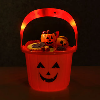 LED Halloween Sammeleimer 4er Set schwarz orange 13x10cm Kunststoff batteriebetrieben Eimer Henkeleimer Kürbis Süßigkeiteneimer