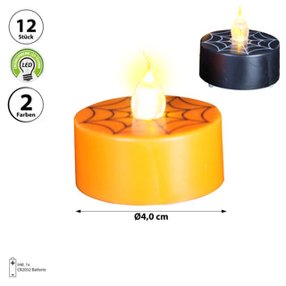 LED Teelicht Halloween 6 x 2er Set Ø4xH2,5cm Kunststoff orange schwarz Kerzen flammenlos gelb flackernd batteriebetrieben