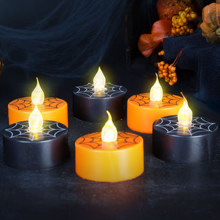 LED Teelicht Halloween 6 x 2er Set Ø4xH2,5cm Kunststoff orange schwarz Kerzen flammenlos gelb flackernd batteriebetrieben