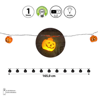 LED Lichterkette Kürbis 165cm orange 10 LEDs warmweiß Kunststoff Halloweendekoration Girlande 10 Kürbisgesichter