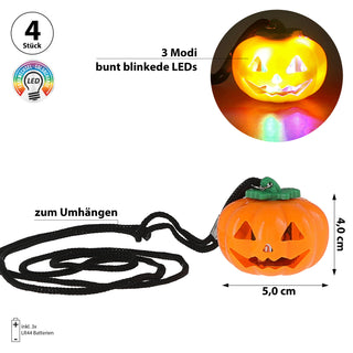 LED Kürbis zum Umhängen 4er Set schwarz orange Kunststoff 5x4cm bunt blinkende LEDs 3 Modi batteriebetrieben Halsband Halloweendeko