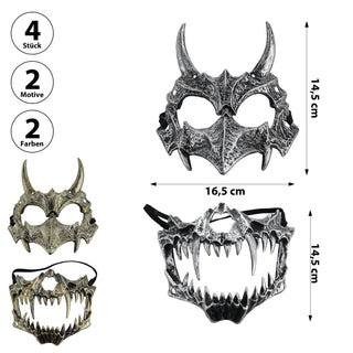 Halloween Maske Drachen 4er Set silber gold 16,5x14,5cm Halbmaske Cosplay Skull Mask Horrorkostüm
