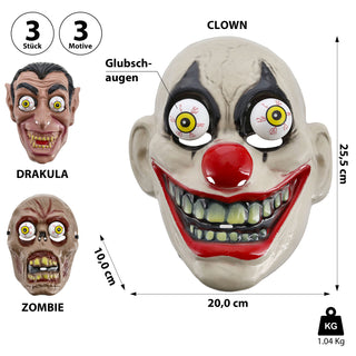 Halloween Glubschaugen Maske 3er Set mehrfarbig 20x25,5x10cm Kunststoff Dracula Zombi Clown Gesichtsmaske
