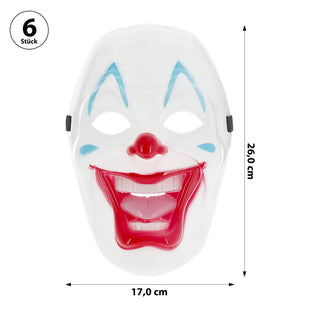 Halloween Clown Maske 6er Set 17x26cm Kunststoff weiß rot blau Gesichtsmaske Gruselmaske mit Lächeln Mottoparty