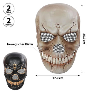 Halloween Totenkopf Maske beweglicher Kiefer 2er Set beige schwarz 24x17cm Kunststoff Gesichtsmaske Totenschädel
