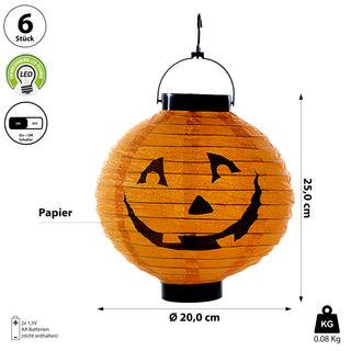 LED Papier Lampion Kürbis 6er Set Ø 20cm Kunststoff Papier orange schwarz batteriebetrieben Halloweendekoration Kürbisgesicht