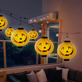 LED Papier Lampion Kürbis 6er Set Ø 20cm Kunststoff Papier orange schwarz batteriebetrieben Halloweendekoration Kürbisgesicht