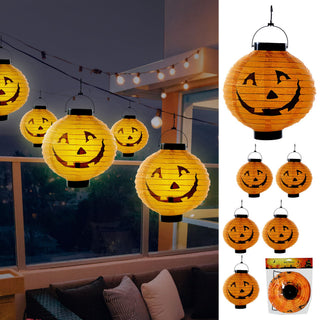 LED Papier Lampion Kürbis 6er Set Ø 20cm Kunststoff Papier orange schwarz batteriebetrieben Halloweendekoration Kürbisgesicht