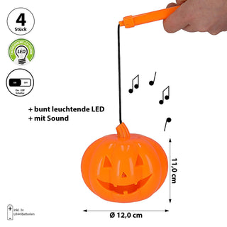Halloween Kürbis Laterne 4er Set Sound Licht 12x11cm Kunststoff LED bunt leuchtend batteriebetrieben