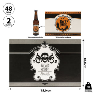 Halloween Bierflaschenaufkleber Set 48 Stück Papier 15x10cm Aufkleber 2 Motive Bierflasche Flaschenettikett