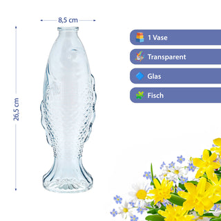 Vase Fisch 'CrystalFish' 8,5x26,5cm Glas transparent Blumenvase Dekovase Tischvase Fischform Fischmaul Glasvase