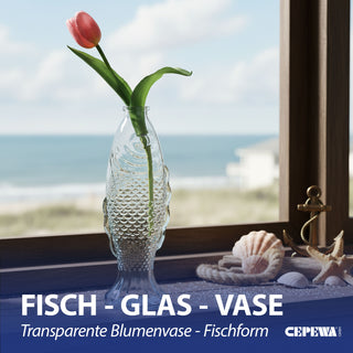 Vase Fisch 'CrystalFish' 8,5x26,5cm Glas transparent Blumenvase Dekovase Tischvase Fischform Fischmaul Glasvase