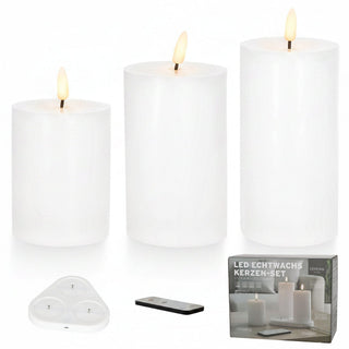 LED Echtwachs Kerze 3er Set mit Ladestation Wachs 3 Größen Kerzenset Flackerfunktion Fernbedienung batteriebetrieben USB-C Ladekabel