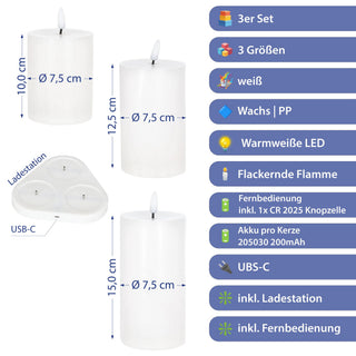 LED Echtwachs Kerze 3er Set mit Ladestation Wachs 3 Größen Kerzenset Flackerfunktion Fernbedienung batteriebetrieben USB-C Ladekabel