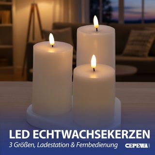 LED Echtwachs Kerze 3er Set mit Ladestation Wachs 3 Größen Kerzenset Flackerfunktion Fernbedienung batteriebetrieben USB-C Ladekabel