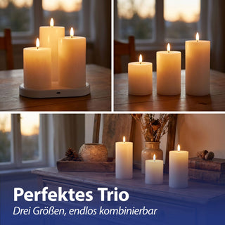 LED Echtwachs Kerze 3er Set mit Ladestation Wachs 3 Größen Kerzenset Flackerfunktion Fernbedienung batteriebetrieben USB-C Ladekabel
