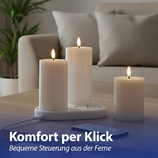 LED Echtwachs Kerze 3er Set mit Ladestation Wachs 3 Größen Kerzenset Flackerfunktion Fernbedienung batteriebetrieben USB-C Ladekabel